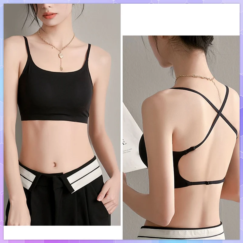 Tank Top Bra tanpa kelim wanita, Tank Top Crop tanpa kelim dengan cangkir kamisol tali dasar Bralette Brassiere nirkabel Backless