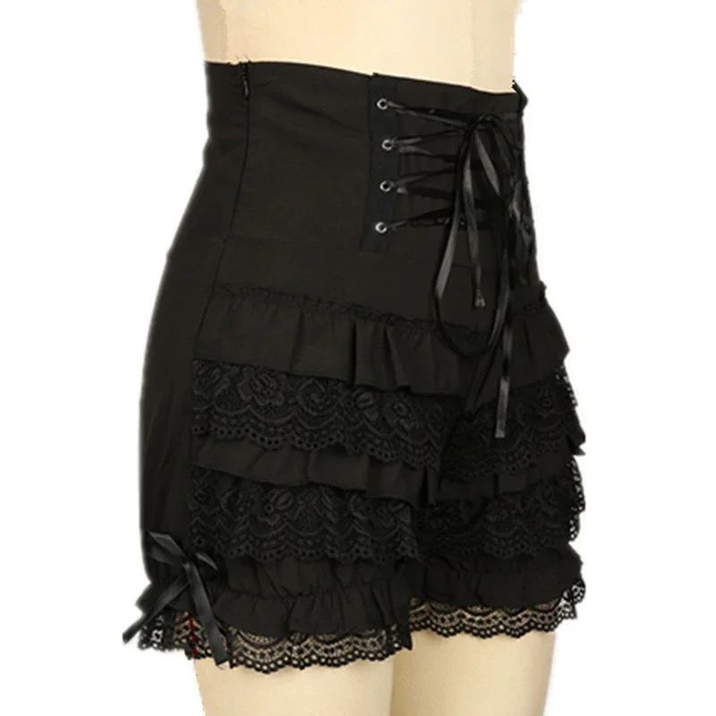 Retro Black Gothic Steampunk Lolita Ruffle Lace Safety Shorts Pumpkin Bloomer High Waist Shorts Pants Women Boyshort Panties