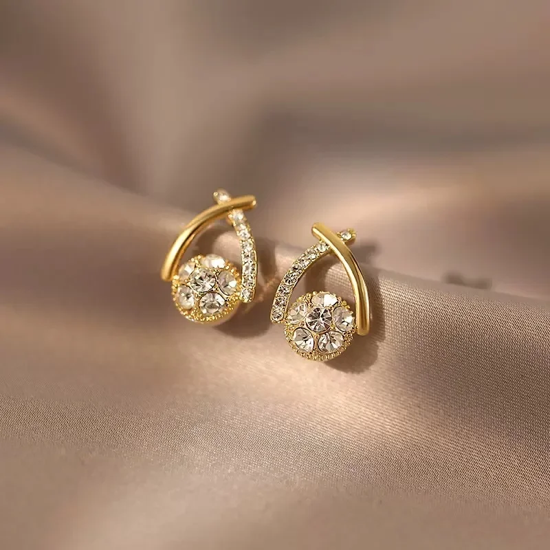 Korean Cross Big CZ Crystal Stud Earring for Women Golden Temperament Design Trend Simple Cute LOVE Wedding  Jewelry Girl Gift