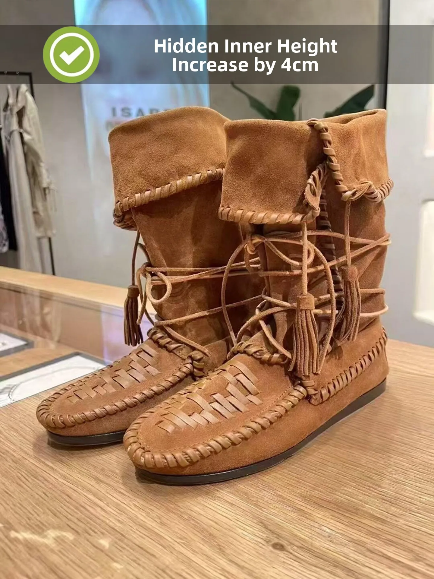 

Ретро-ботинки в западном стиле для женщин: из натуральной кожи, с плетеным верхом, до середины икры, с бахромой, на шнуровке, удобные, с мягкой резиновой подошвой