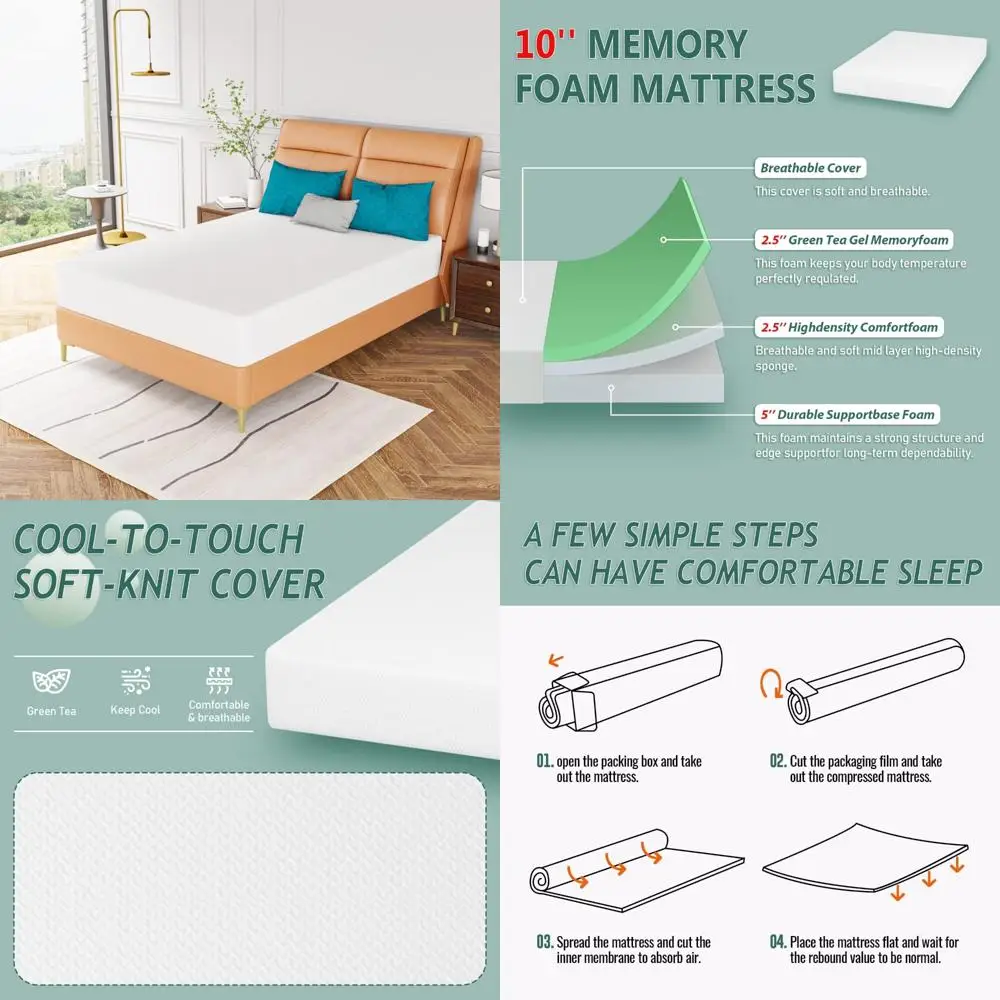 Green Tea Memory Foam Mattress 10 Inch Full Size - CertiPUR-US Certified, Removable Soft Cover, Fiberglass Free