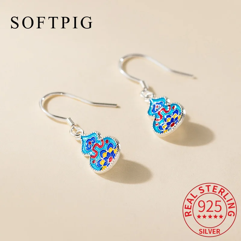 

SOFTPIG Real 925 Sterling Silver Enamel Blue Flower Gourd Stud Earrings for Women Classic Fine Jewelry Light Luxury Accessories