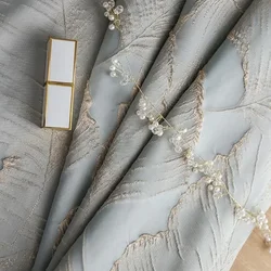French embossed high-precision gold jacquard luxury curtains for living room bedroom dining American leaves blue blackout Window