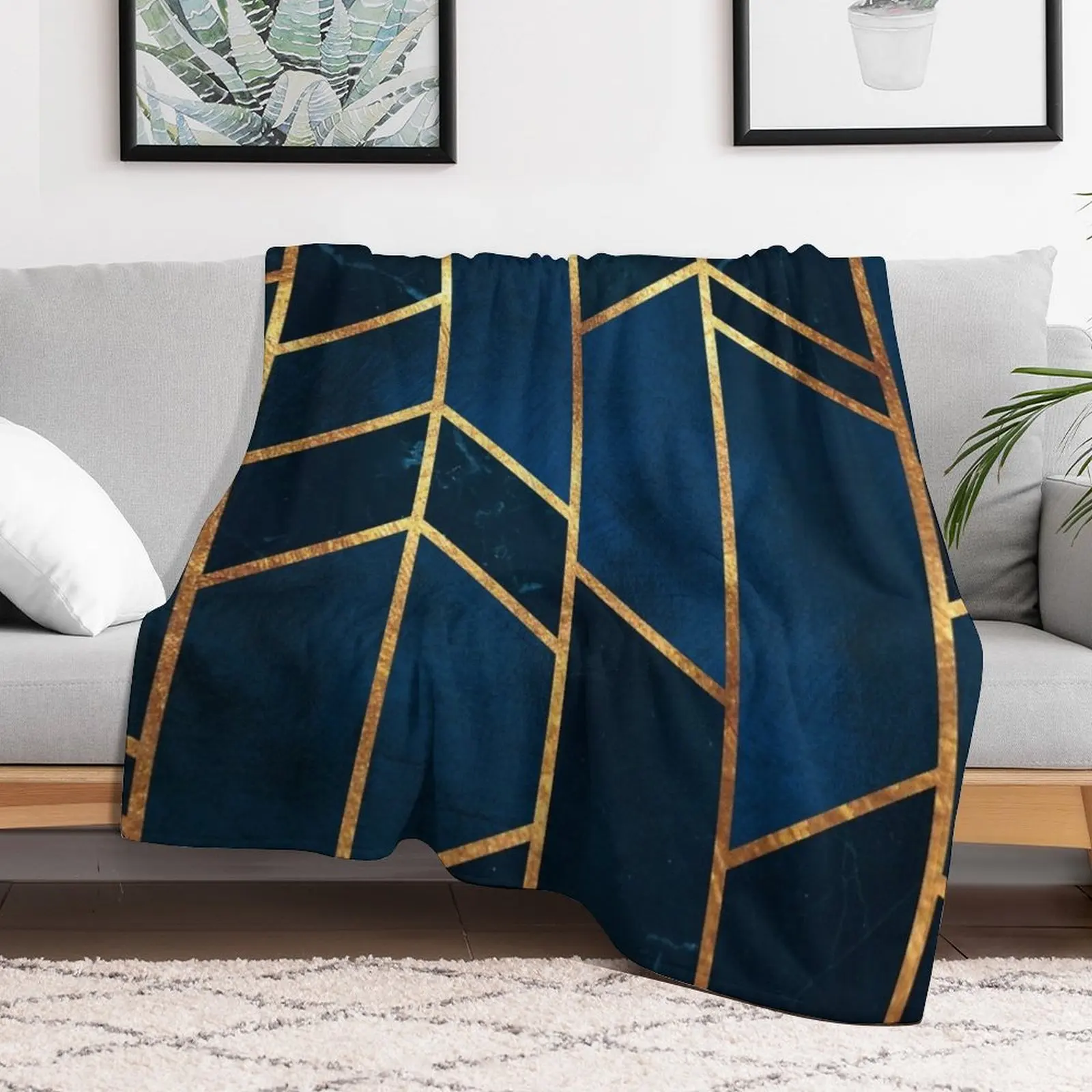 Navy Gold Stone Geometric Throw Blanket Shaggy blankets ands Fashion Sofas Blankets