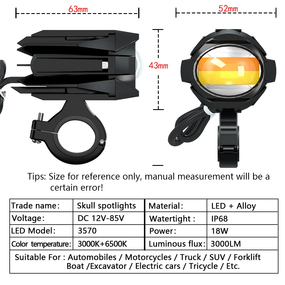 2 Pcs 12V-85V 18W LED Work Light Skull Design 3000LM Dual Color Yellow White Spot Lamp IP68 Waterproof for Motorcycle Truck SUV