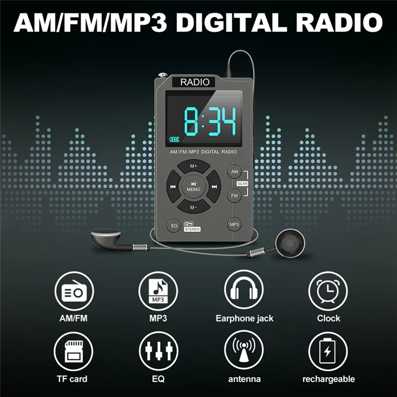 Portable Mini Radio Pocket AM FM Digital Radio Receiver Auto-Search Channel TF Card MP3 Music Player