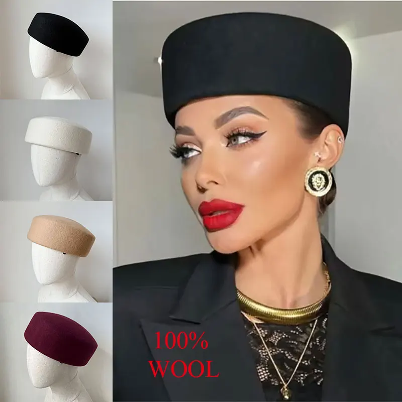 

Classic TOMKHU Brand Fedora Hat Women Autumn Winter Wool Felt Hat Keep Warm Cap White Black Beret Hat Fascinator Hat Pillbox Hat