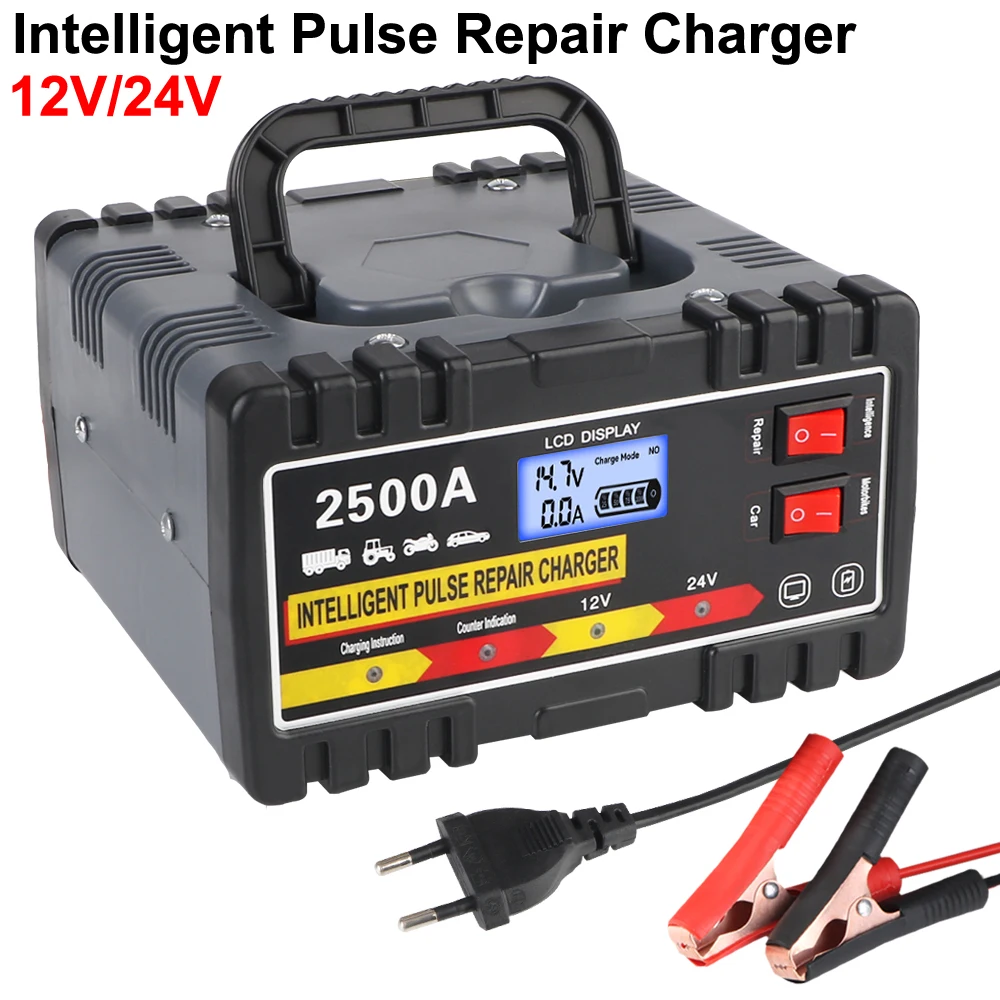 12V24V 220W Fast Charger Intelligent Pulse Repair Charger EU Plug For Car Motorcycle Lead-acid Battery Digital LCD Display