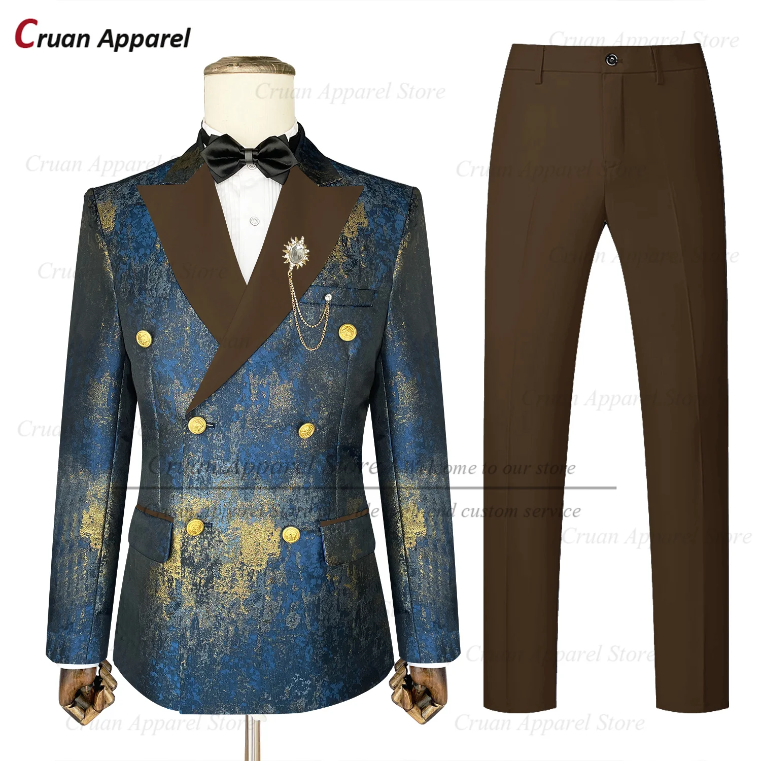 Fashion Men Suit Sets Wedding Party Groomsman Shiny Outfits Formal Banquet Tailor-made Double Breasted Blazer Pants 2 Pieces