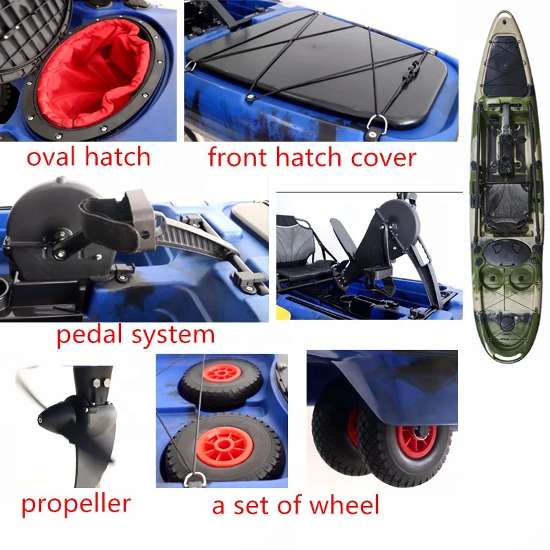 13ft 3.9m Foot Pedal Kayak Boat For Sale HDPE Hull Material Single Fishing Boat With 2 Wheels Foot Pedal Kayak For Sale