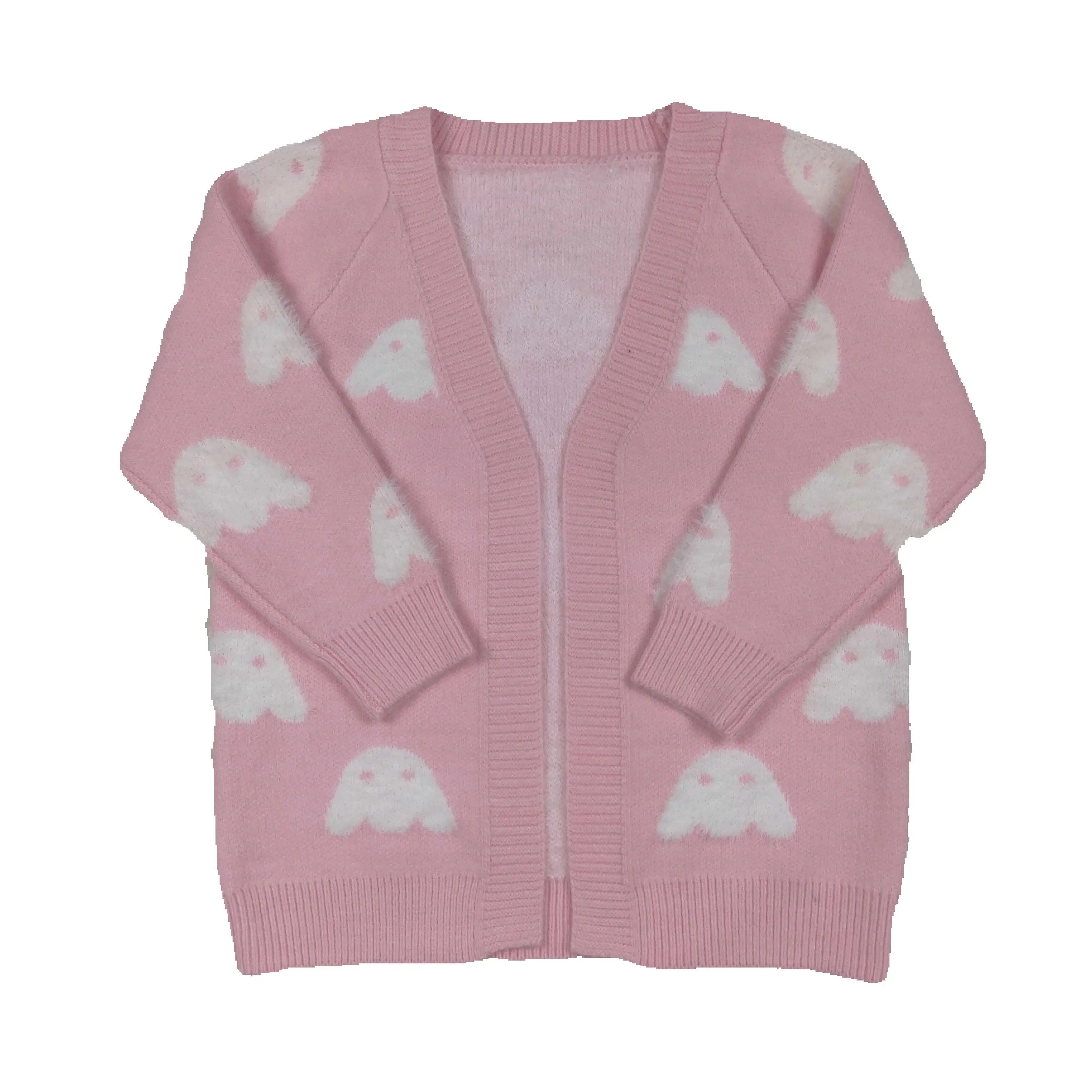 

Winter Pink Ghost Print Halloween Clothing Long Sleeve Sweater in pink Cotton with Bow Design Western Clothes