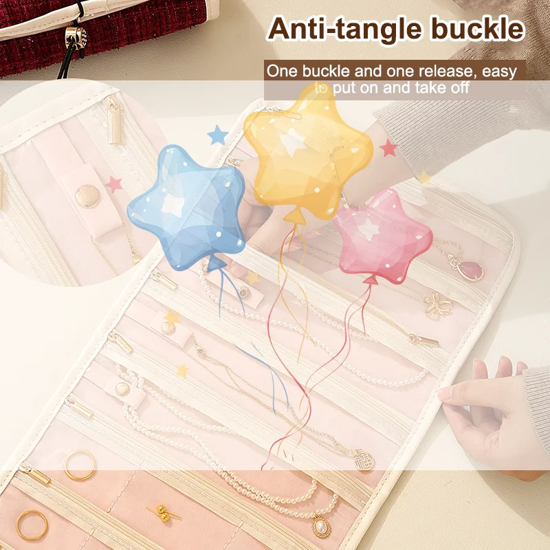 20 شبكة قابلة للطي حقيبة مجوهرات محمولة أنيقة كبيرة للنساء للسفر مجوهرات لفة قلادة حلق خاتم تخزين عرض المجوهرات