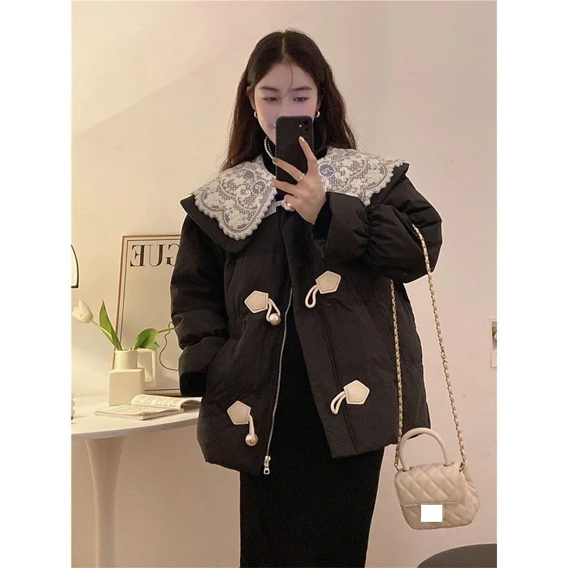 Lace Doll Neck Design Feeling Cotton Coat Women\'s Winter 2023 New Sweet Age Reducing Loose Long Sleeve Cotton Coat Warm Cardigan