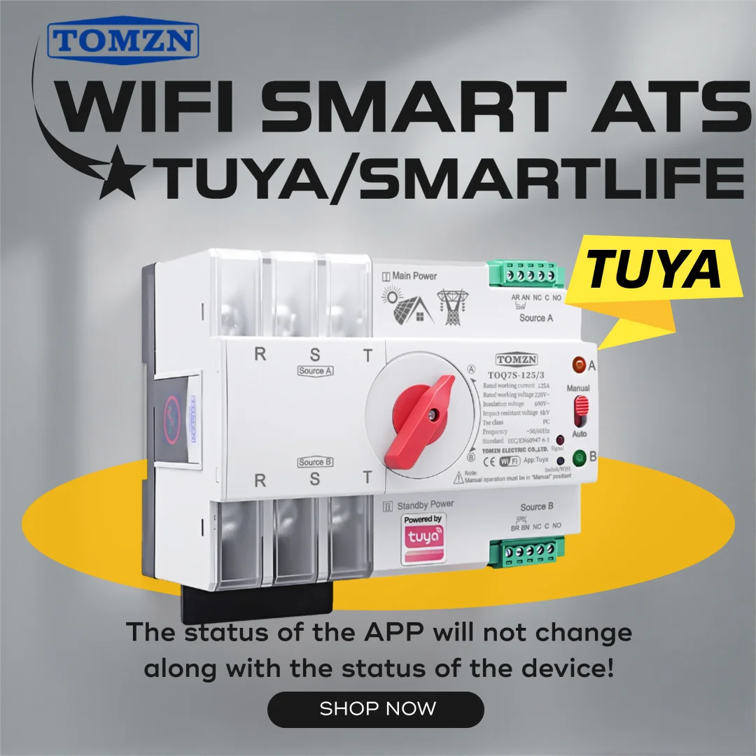

TOMZN TOQ7S 3P AC380V WIFI Smart Dual Power Automatic Transfer Switch Restart Status 50mS WIFI/AUTO/Manual Changeover Switch