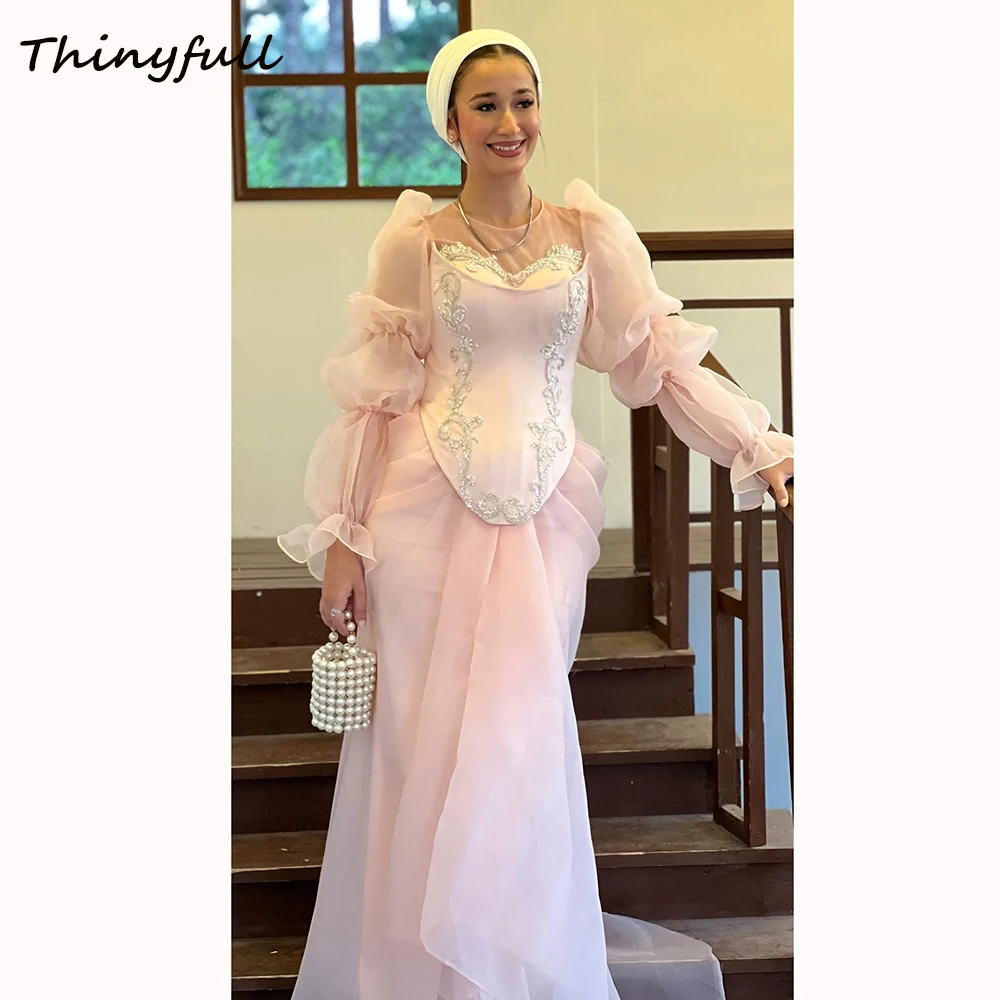 

Thinyfull Mermaid Muslim Prom Dresses O-Neck Full Sleeves Organza Evening Gowns Long Engagement Dress robes de soirée Customized