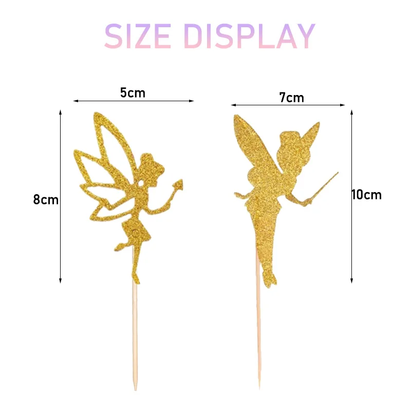 48/24Pcs Gold Giitter Fairy Cupcake Toppers Tinkerbell Cupcake Picks Fairy Themed Party Supplies Cake Decorating Baby Shower