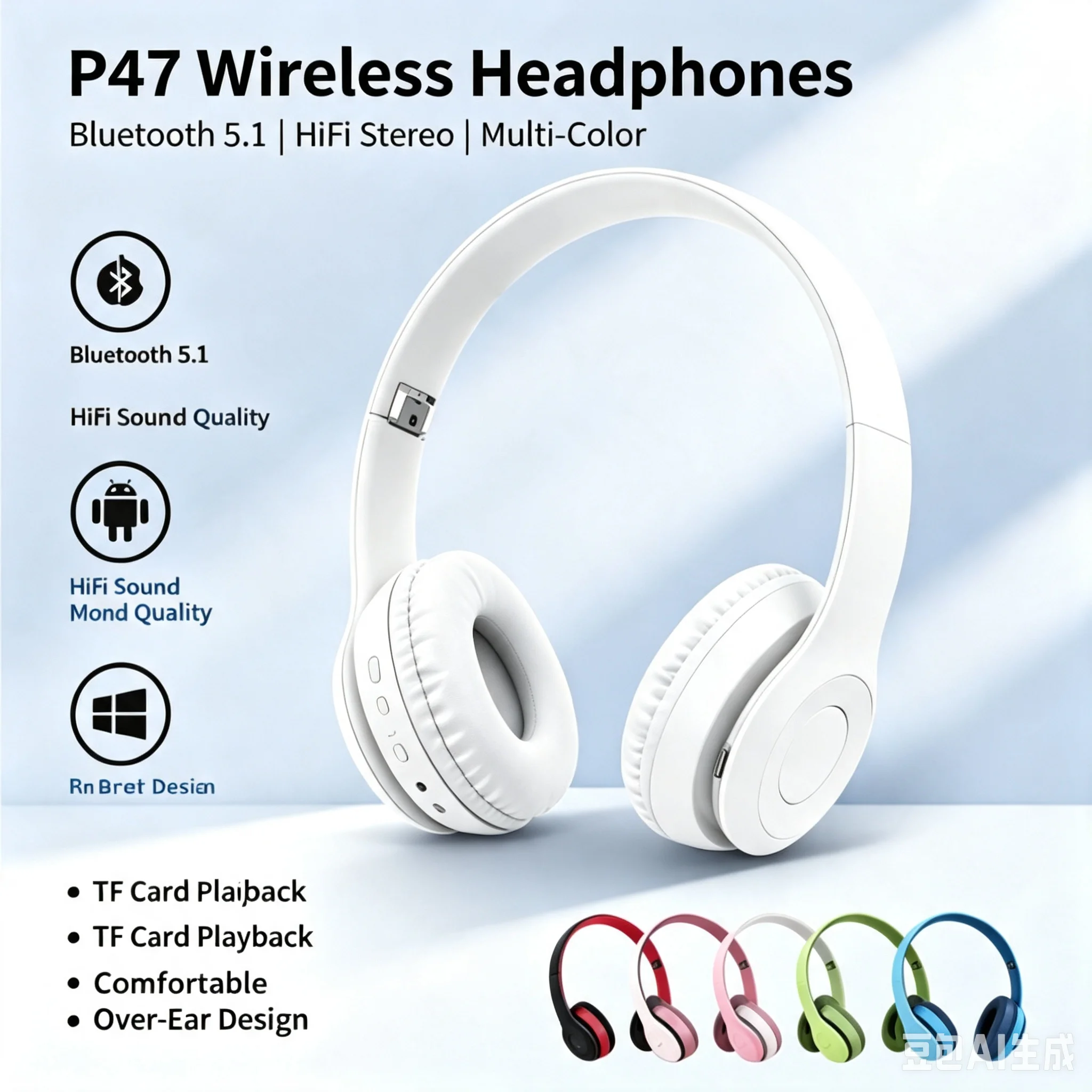 P47 Wireless 5.0 Overhead Bluetooth Headphones for Music with Deep Bass Universal