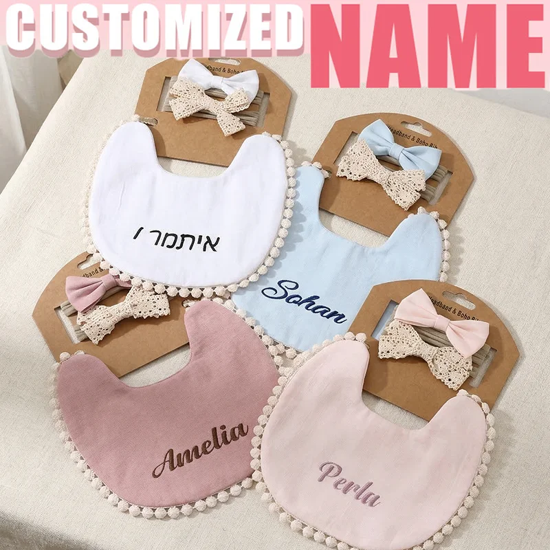 

Personalized Baby Name Bib And Bow Headband Set Feeding Burp Cloths Saliva Towel for Baby Shower Gift Girls Gift