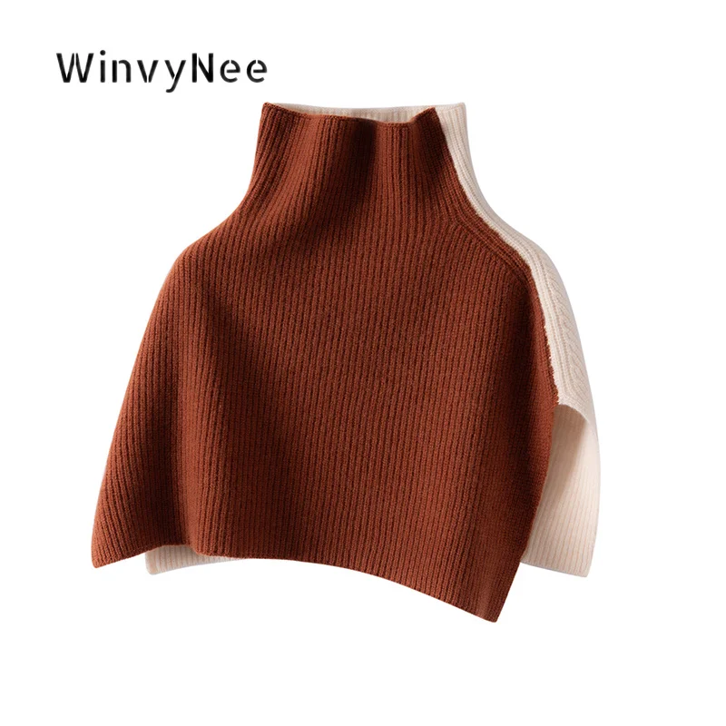 WinvyNee Women 100% Wool Color Block Knit Cape Poncho Turtleneck Neck Warmer Versatile Autumn Winter Fine Knit Apparel. G1883020