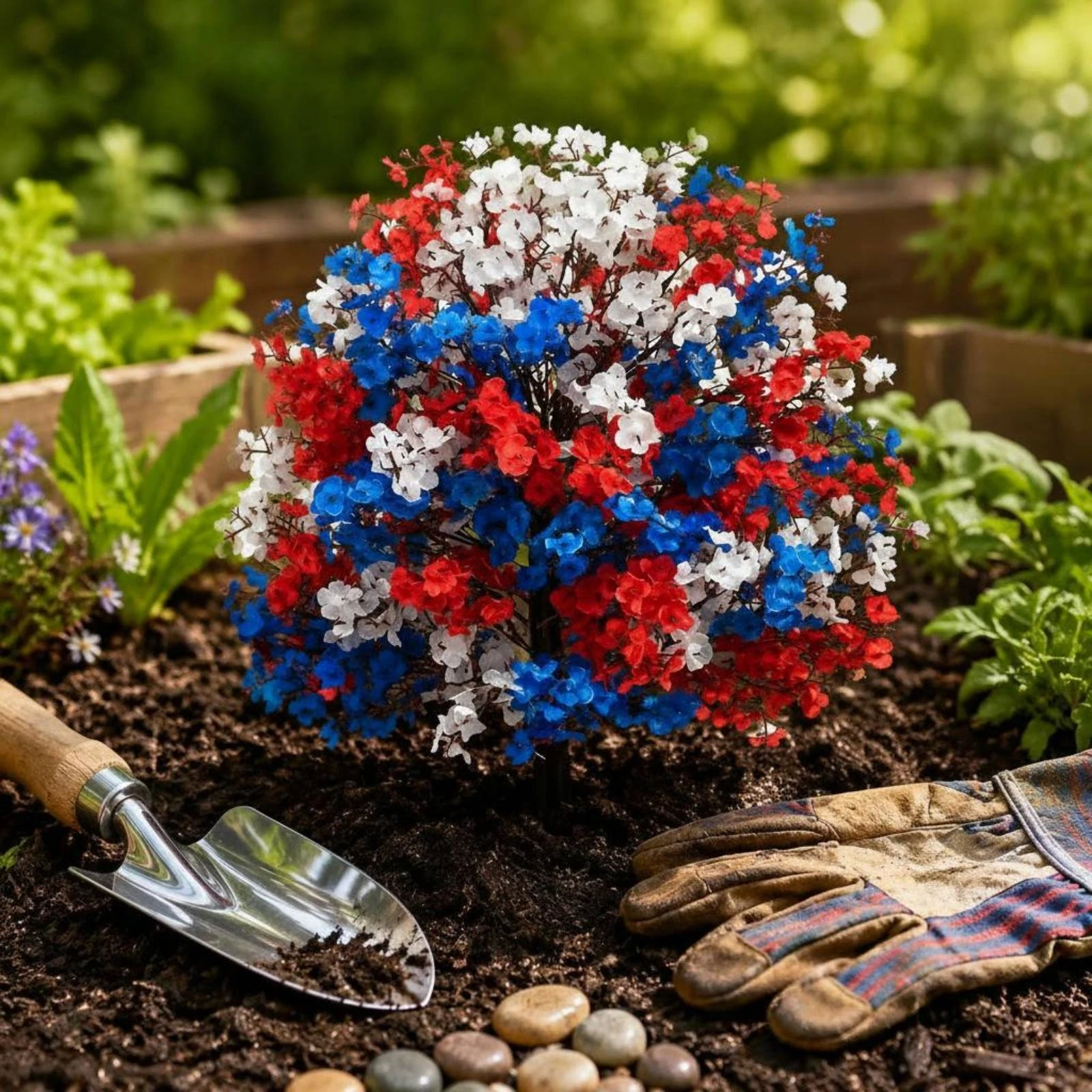 Patriotic Flower Stake Clustered Blossoms Artificial Flower Stake Red White Blue Flowers Dense for Garden, Planter