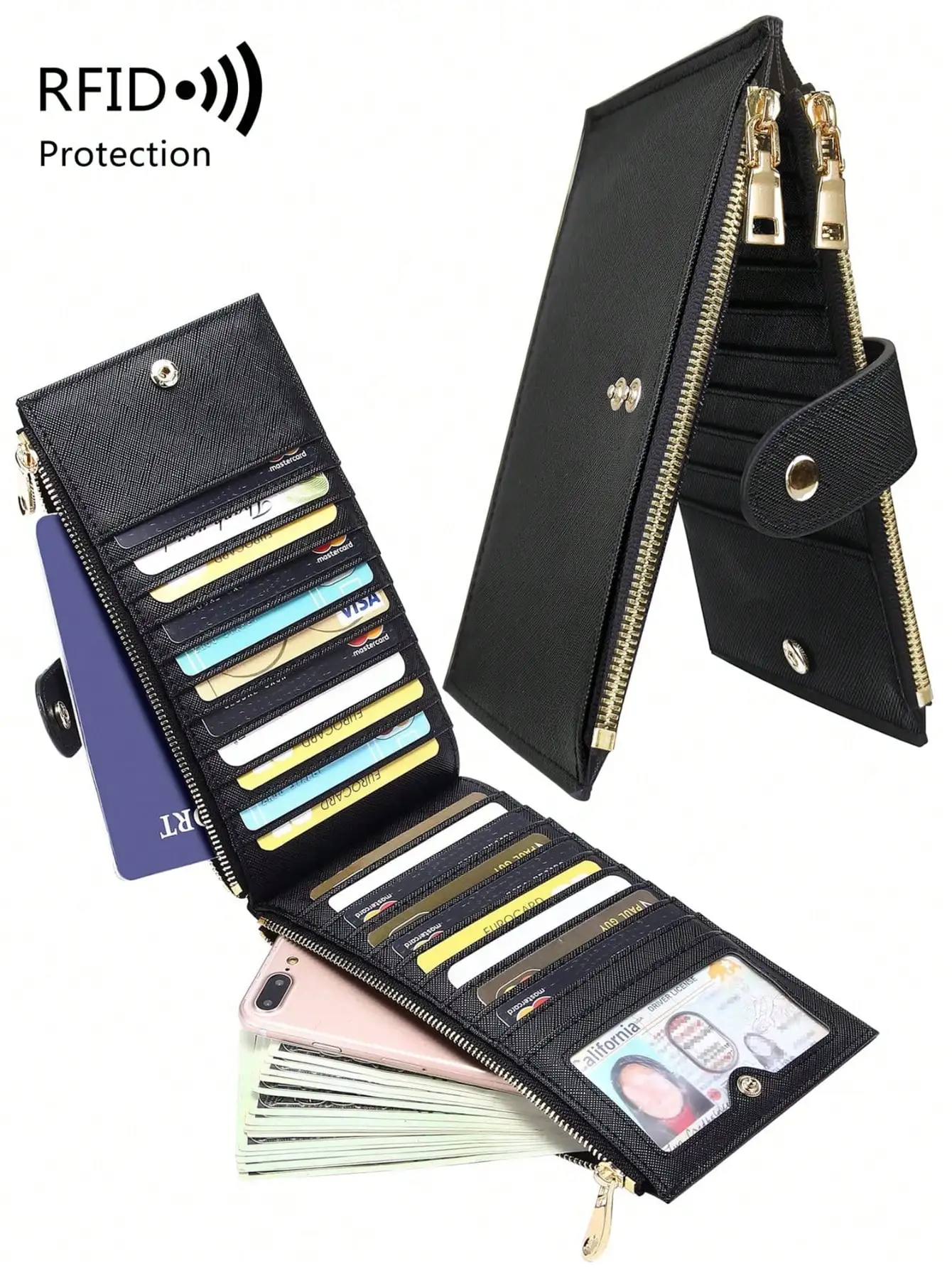 

MIYIN Fashion Minimalist Zipper Wallet Multifunction Card Holder PU Leather Coin Solid Color Women Wallet RFID Blocking Bifold M