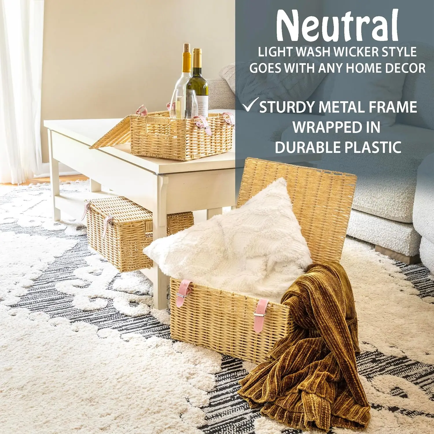 مجموعة من 3 قطع - سلال تخزين منسوجة مستطيلة كبيرة ومتوسطة وصغيرة لتنظيم الملابس، قابلة للتكديس