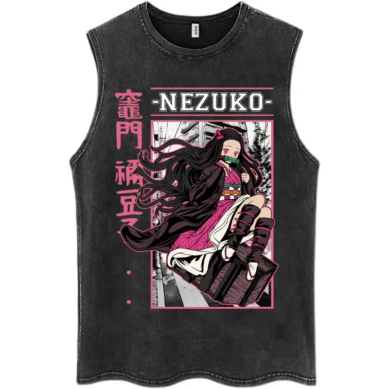 Vintage Gewaschen Tank Tops Mann Frauen Ärmelloses Shirt Anime Dämon Slayer Drucken Casual Tops Sommer Y2k Kleidung Übergroßen Gym Weste