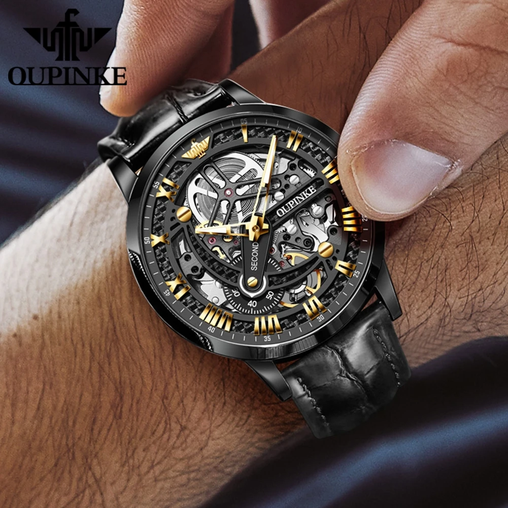 OUPINKE 3173 Top Brand Mechanical Watch For Men Hollow Deep Waterproof Automatic Wristwatch Roman Scale Original Man Watches