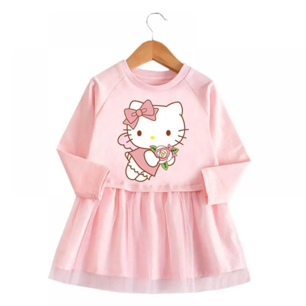 

Kawaii Sanrio Hello Kitty Girls Pure Cotton Dress Cartoon Anime Cute Long Sleeve Gauze Skirt Spring Autumn Children's Clothing