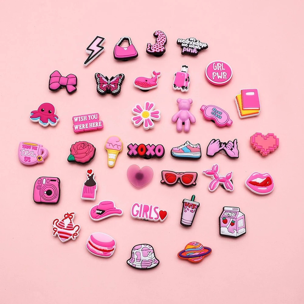 36pcs Pink Gril Shoe Charms For Clogs Bubble Slides Sandals PVC Shoe Decorations Accessories Gift
