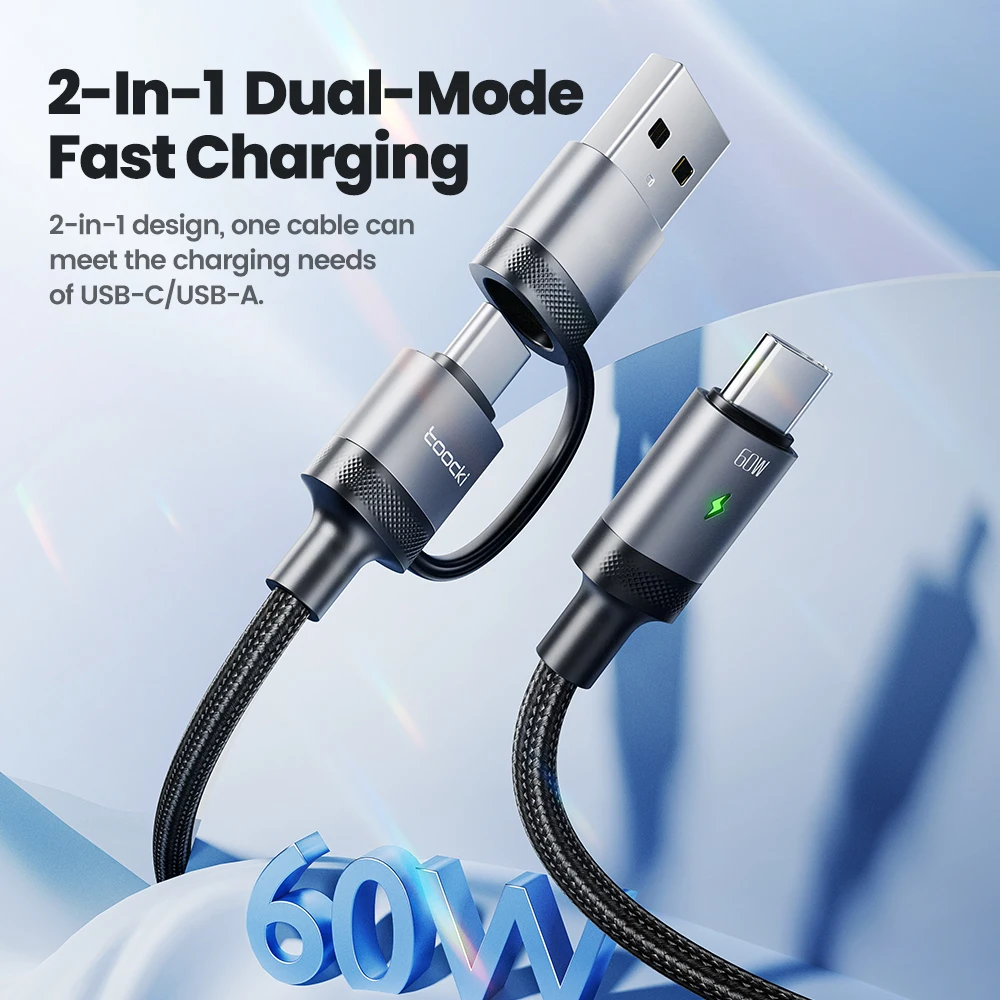 Toocki 2 in 1 60W 3A USB Type C PD Fast Charging Cable Data Cord for iPhone 15 Xiaomi Samsung Huawei PCOCO Realme Oneplus