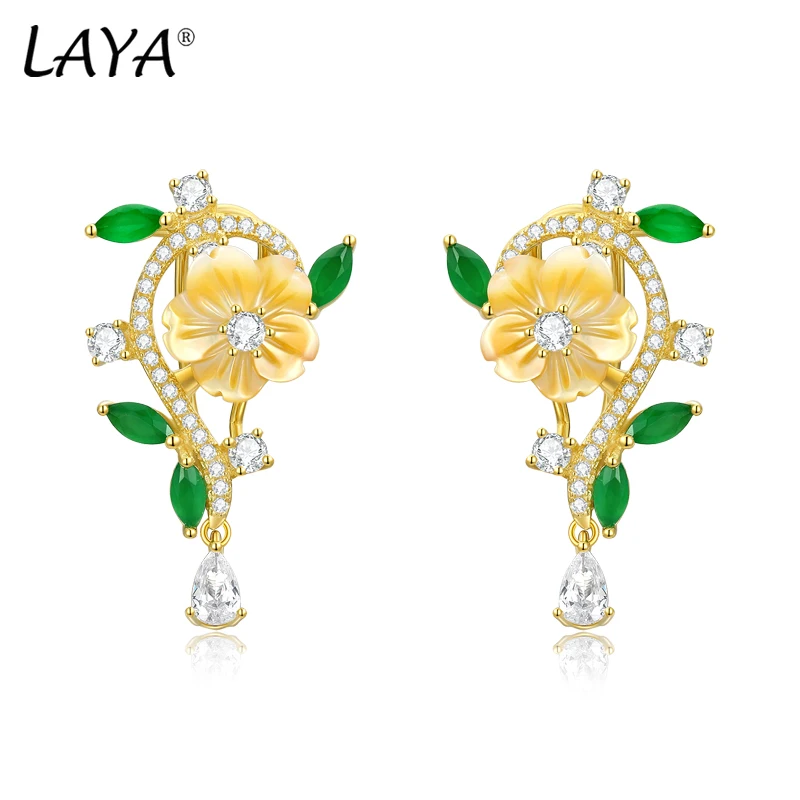 LAYA Fashion Elegant Earrings For Women White  Flower Colorful Zircon Designer Pierced Ears 925 Sterling Silver Party Jewelry