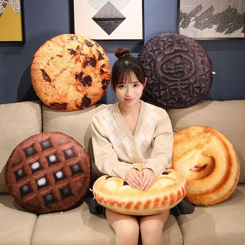 45x45cm Cookie Plush Pillow Round Cream Chocolate Puff Images Seat Cushion Food Plushie Stuffed Short Plush Peluche Decor Sofa