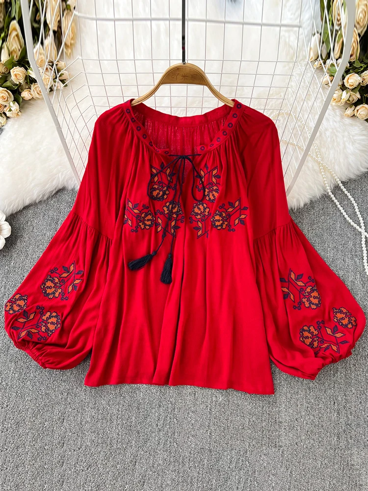 Women\'s Retro Blouse National Style Embroidered Lace-Up Tassel V-Neck Lantern Sleeve Tops Loose All-Match Female Blusa G05