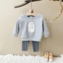 Kids Baby Boys Fall 2Pcs Toddler Outfit Grey Tracksuit Long Sleeve Sets Cartoon Milk Embroidery Top+Pants Children's Clothes
