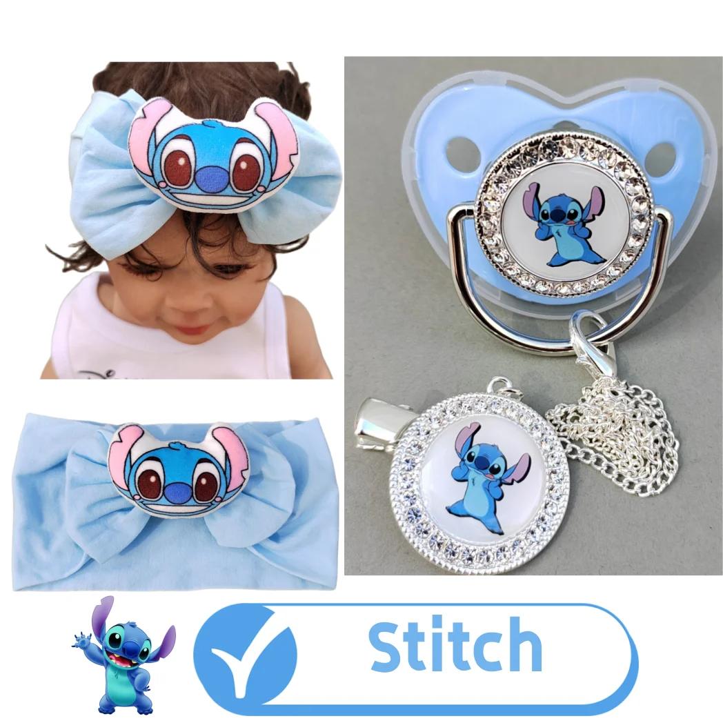 Disney Glitter Blue pacifier Stitch Plush Baby pacifier Clip Hair band Bandana Lollipop Baby Shower Gift 0-12M Baby Mom Helper