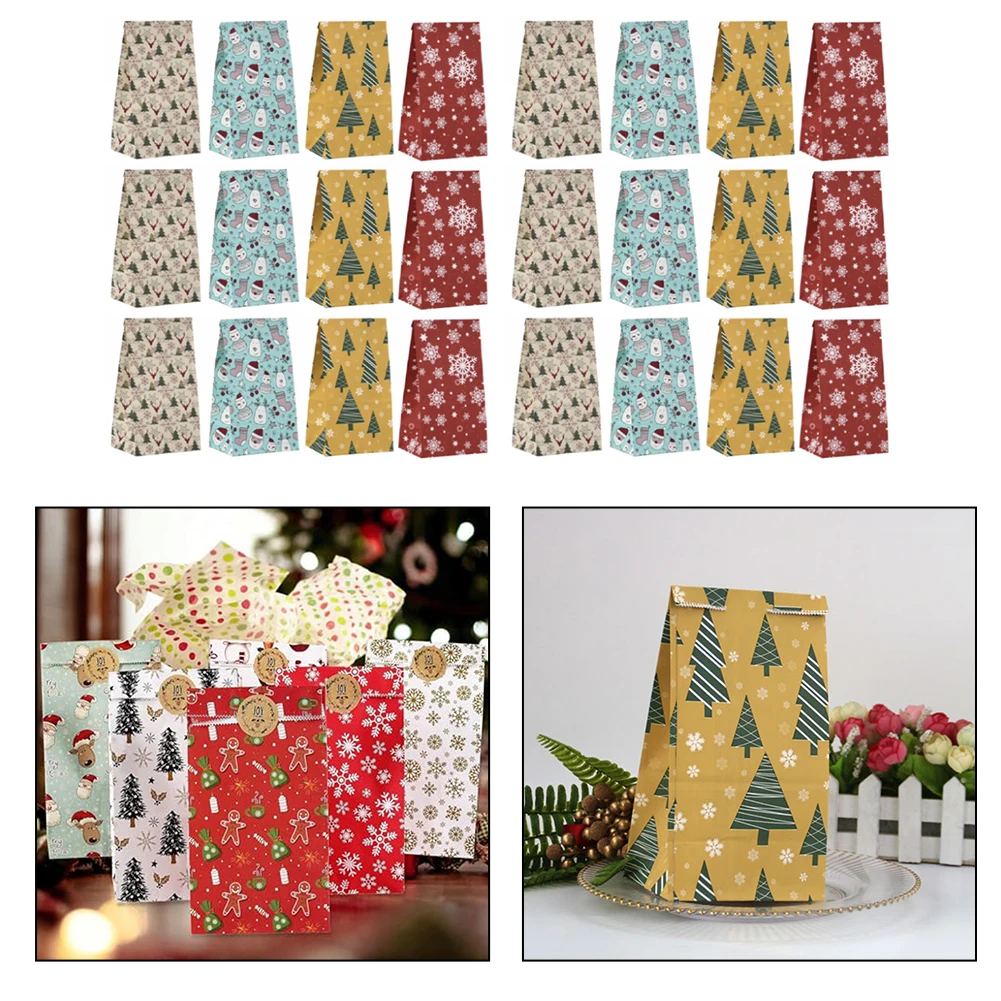 

24/48pcs Christmas Paper Bags With Sealing Stickers Party Candy Treats Bags Christmas Wrapping Supplies Christmas Tree Decor