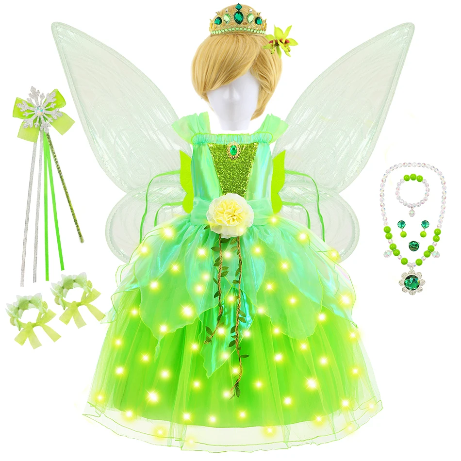 Tinker Bell Dress Girls Purim Green Fairy Costume Cosplay Festa dei bambini Abiti per spettacoli teatrali Regalo a sorpresa di compleanno per bambini