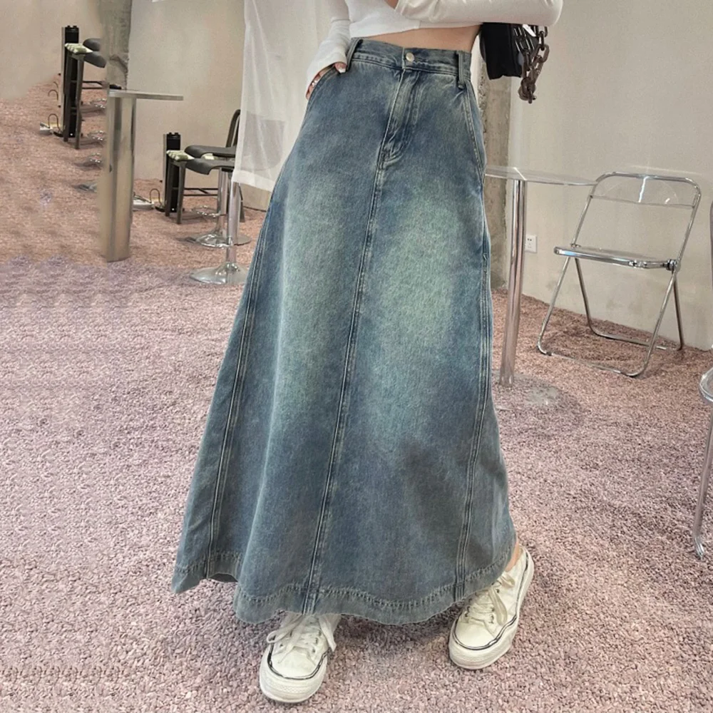 

S-5XL New Women Long Denim Skirt Summer Vintage High Waist A-Line Distressed Jeans Skirt Spring Casual Loose Skirt Plus Size