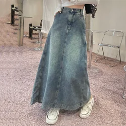 S-5XL Nuevo Mujer Largo Falda de mezclilla Verano Antiguo Cintura alta Alinear Afligido falda vaquera Primavera Casual Perder Falda Talla extra