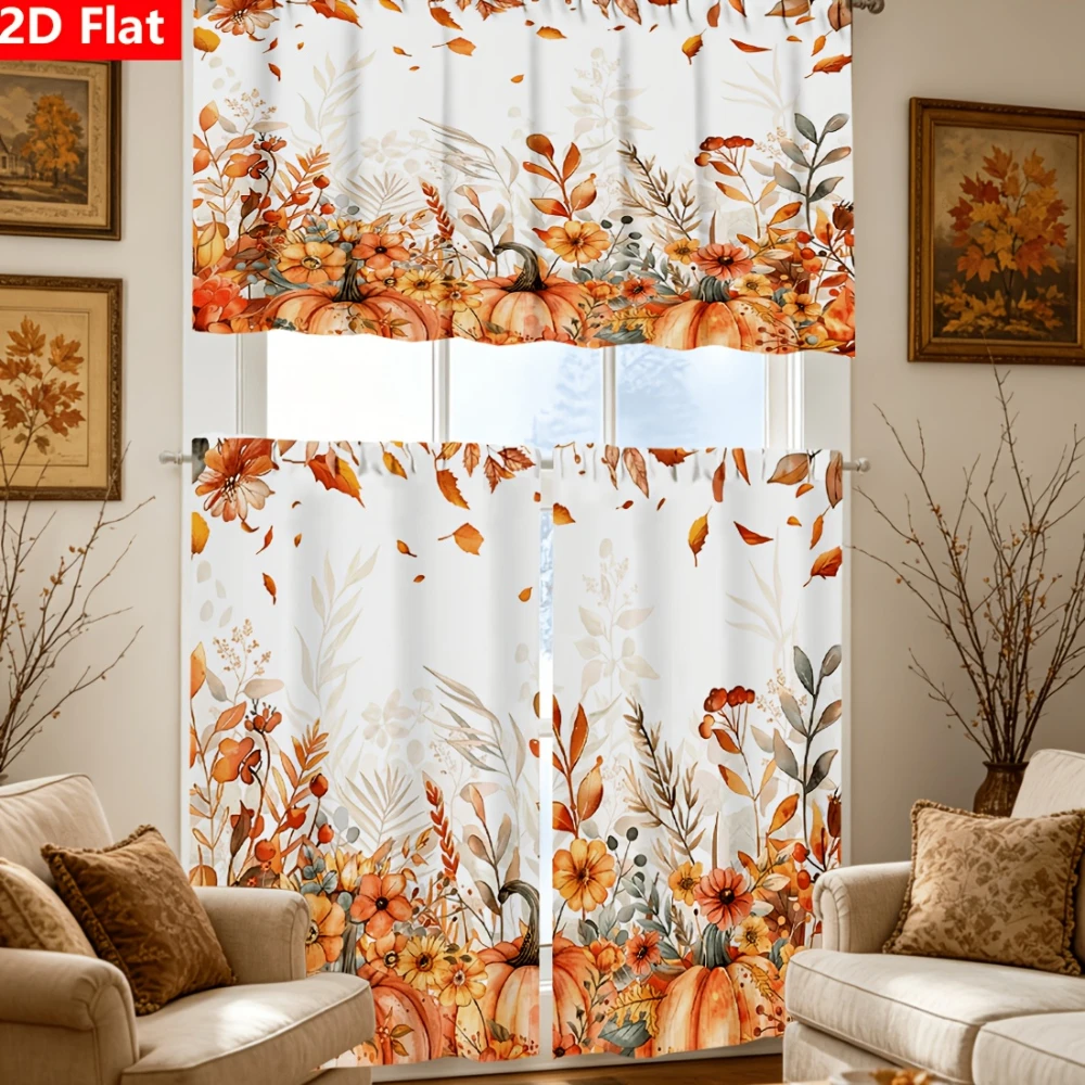 2D Flat Curtain Set, Autumn Harvest Pumpkin Maple Leaf Curtains Lantern Pinecone Short Curtains, Kitchen Window Decoration