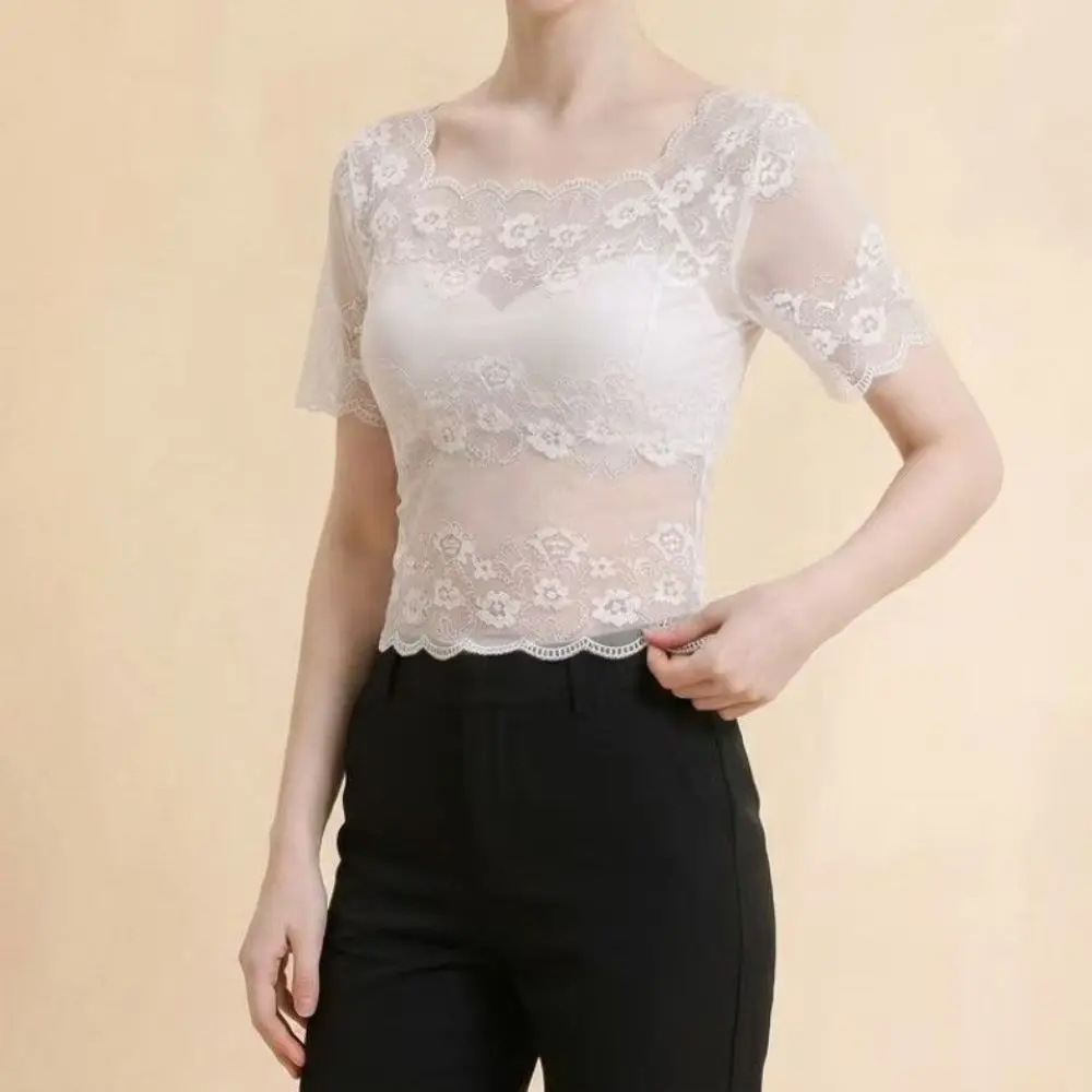 Cool Nylon Lace Short Sleeve Top Thin Light Fabric Breathable Sheer Mesh Blouse Short Sleeve Hollow Out Layering Tee Women