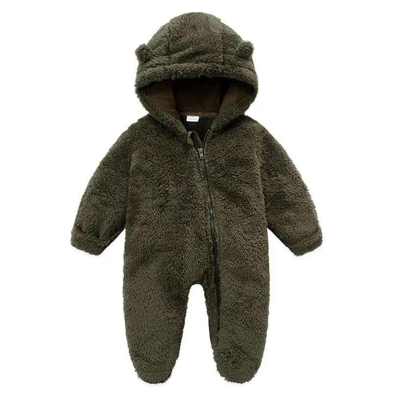 Newborn Baby Boy Girl Fleece Jumpsuit Snowsuit Long Sleeve Hooded Zipper Closure Coat Warm Winter Clothes