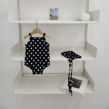 2024 New Baby Kid's One-piece Swimwear With Hat Toddler Girl's Dot Floral Suspenders Swimming Suit Summer Beach Wear
