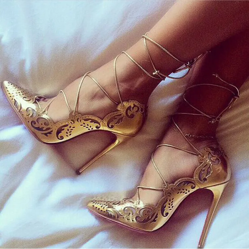 

Hollow Pattern Designer Pointed Toe Lace Up Pumps Hollow Sexy Stiletto High Heels Women Party Dress Shoes Summer