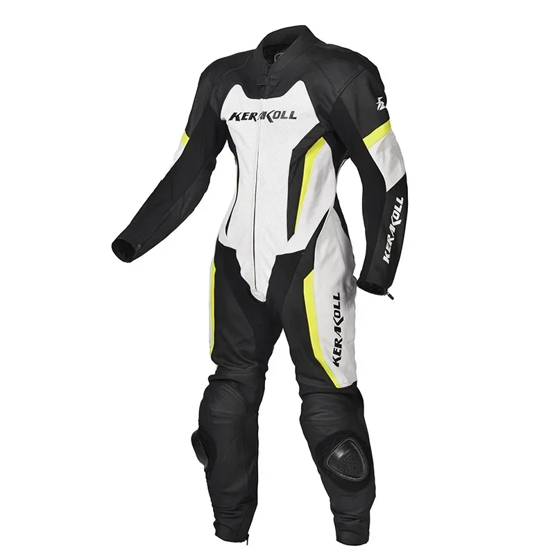 KERAKOLL One-piece Motorcycle Racing Suit Genuine Leather Cowhide Motocross Jacket Pants with Protectors Knee Sliders