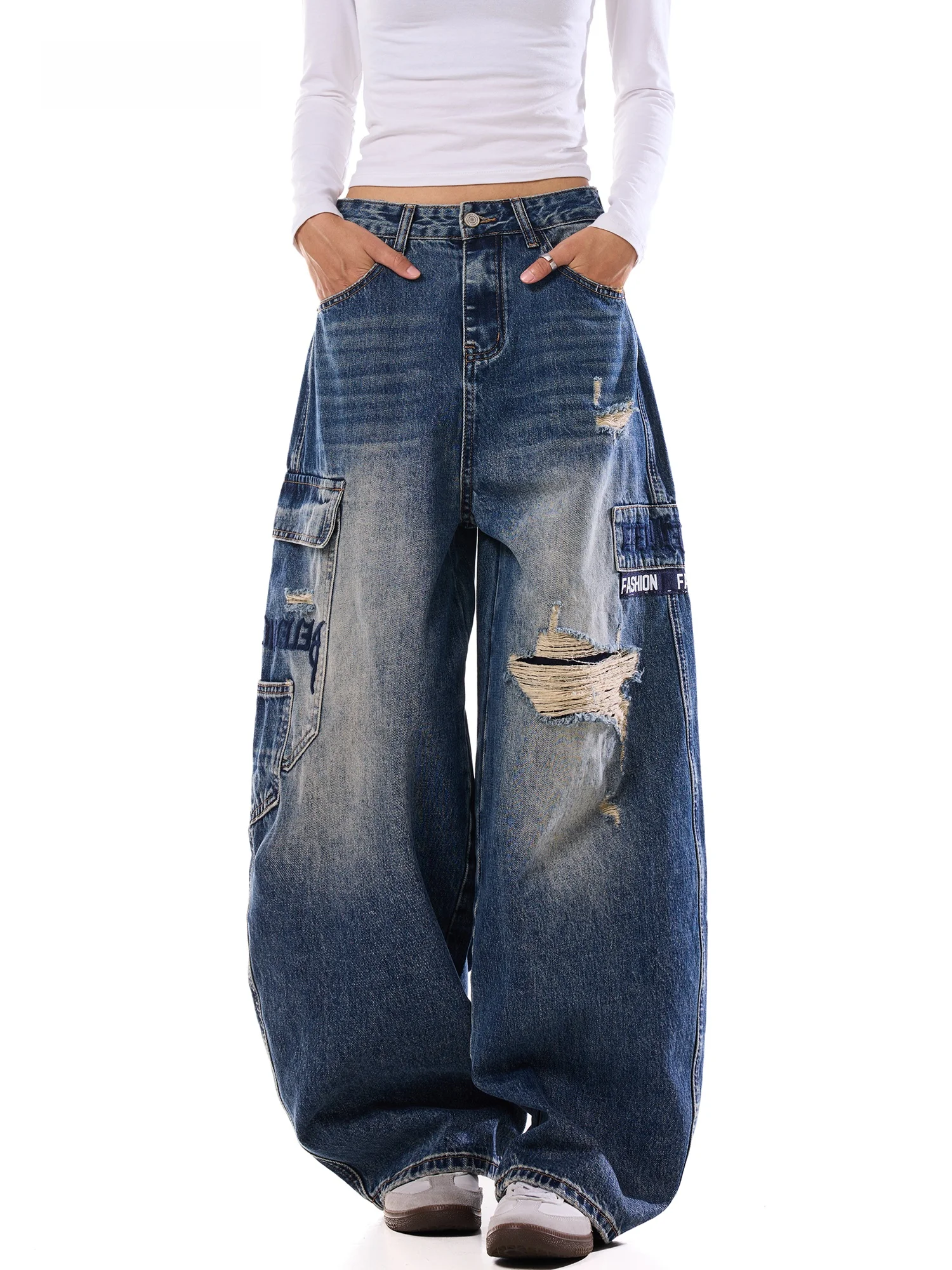 Women's Loose Wide Leg Jeans Fall Season Casual Comfortable Cotton Denim Knife  Embroidery Ripped Design Sensation
