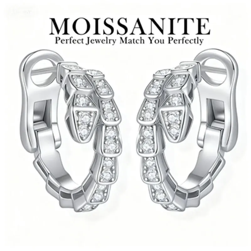 

Snake-shaped earrings made of S925 sterling silver, set with moissanite, versatile and luxurious, perfect as an exquisite gift f