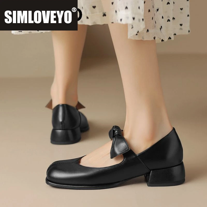 

SIMLOVEYO Женская удобная мягкая обувь на плоской подошве с квадратным носком без шнуровки и бантом на массивном каблуке, милая повседневная обувь для девочек, мелкие большие размеры 40, 41 42 43