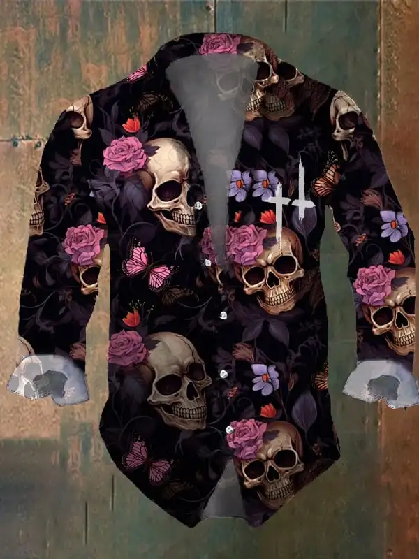 Men's Vintage Dark Skull Prints Long Sleeve Shirts-Rose Skull Prints Black Tops Regular Fit,Lapel Collar, Polyester Streetwear